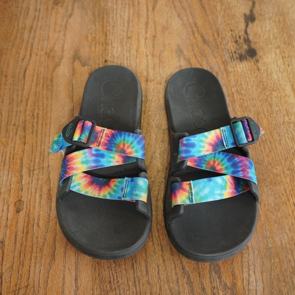 Chaco Chillos Slide Sandals Womens 9 Tie Dye Rainbow Adjustable Straps Black - Picture 2 of 10